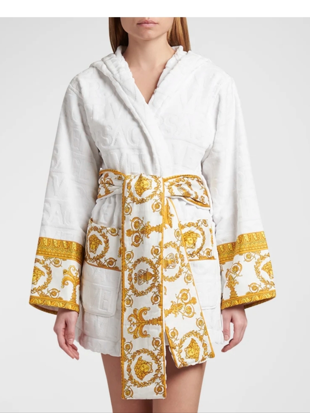 Versace White Hooded Robe With Gold Barocco Trim